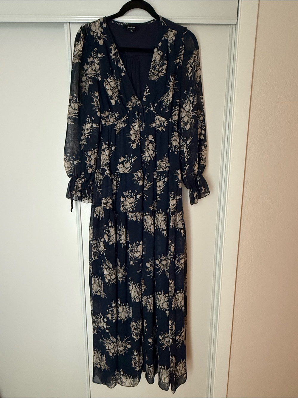 Navy Maxi Dress with Cream Floral Print